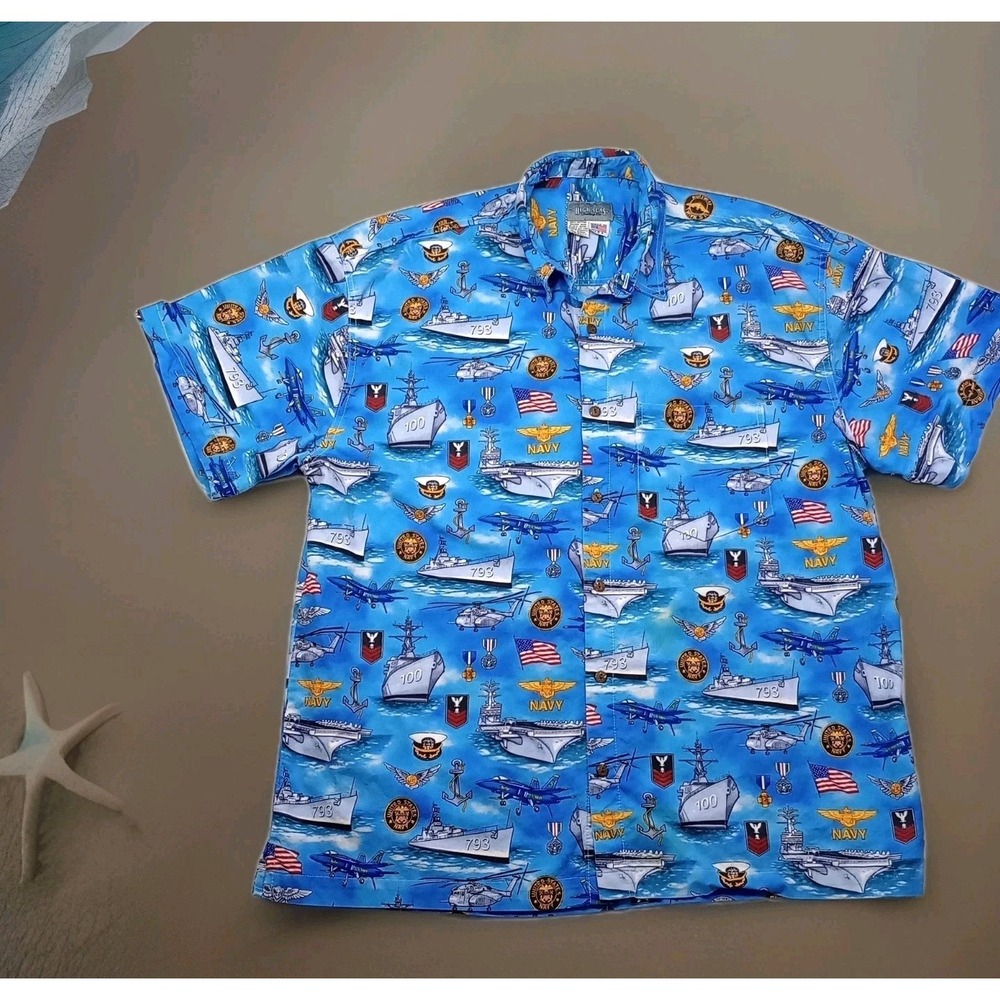 High Seas Trading Co Navy Ships Hawaiian Shirt‎ Mens XXL USA Made Cotton